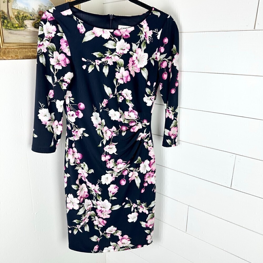 Eliza J Floral Ruched 3/4 Sleeve Dress Drape Detail Knee Length Size 2